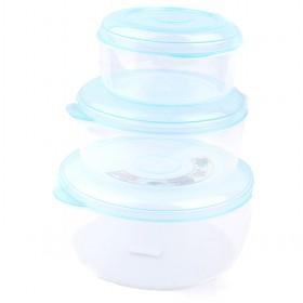 Round Plastic Food Container With Light Blue Lid Set of 3