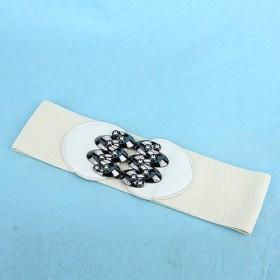 White PU Rhinestone Elastic Waist