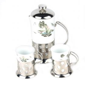 Dots Pattern Ceramic French Press Silver Coffee Set With 1 Coffee Pot And 2 Cups