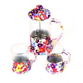 Purple And Red Flower Pattern Glass French Press Coffee Maker Set With 1 Coffee Pot And 2 Cups