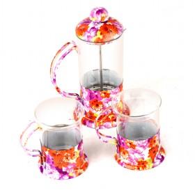Red Orange Flower Pattern Glass French Press Coffee Maker Set With 1 Coffee Pot And 2 Cups