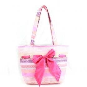 Straw Handbags, Fashionable Beach Bag With Middle Fusia Big Cloth Strip Tie