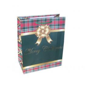 Wholesale Dark Green Plaid Decorated Christmas Paper Gift Bags