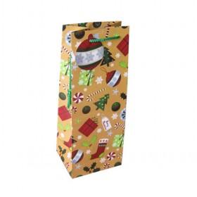 Wholesale Light Yellow Christmas Wine Paper Bag With Cartoon Printed/ Wine Gift Bags
