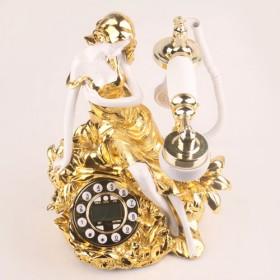 Golden Decorative Antique Phones With Ceramic Dressed Lady, Ceramic Telephones, Desktop Phone