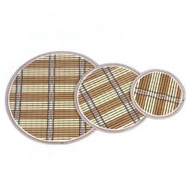 Light Brown Round Bamboo Eco-friendly Plaid Placemat Set Of 3 Table Mats