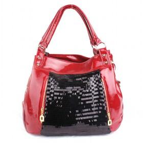 Shiny Red Shoulder Bag With Black Sequins Decoration, Handbag