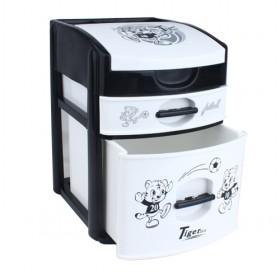 Black White 2 Drawers Plastic Tiger Printed Storage Case