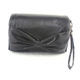 Full Black Bowtie Decorative Double-layer Zipping Portable Waterproof Multifunctional Cosmetic Makeup Bag