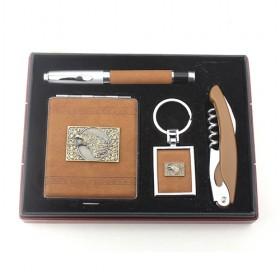 Brown Color Business Gift Set Of 4, Business Card Holder, Key Holder, Cork Screw, And Pen