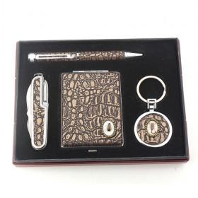 Fashionable Business Gift Set Of 4, Dark Brown Stone Crackles Series Of Pocket Knife, Card Holder, Pen, And Key Holder