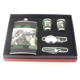 Army Type Leather Wrapped Wine Set Of Hip Flask, 2 Shot Glasses, Spoon And Fork, Stylish Gift Set