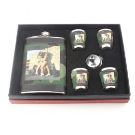 Hot Ladies Prints Army Style Wine Set, Stainless Flask And Shot Glasses Wrapped With PU Leather, Hot Sale