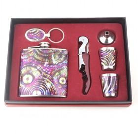 Purple Steel Wine Set In PU Leather, Perfect Wine Accessory For Gift, Flask Pot, Keychain, Cork Screw, Shot Glasses, Funnel