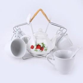 Tea Set Of One Pot And 4 Cups, Plain White Cup, Strawberry Print Pot, Pot Cups For Sale