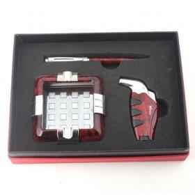 Dark Red Smoking Set Of Steel Ashtray, Lighter, And Pen, Hot Sale Mens Accessory