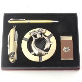 Gold Smoking Set Of Steel Ashtray, Lighter, Pocket Knife, And Pen, Perfect Business Gift Pack