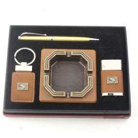 Brown Smoking Set Of Steel Ashtray, Lighter, Key Chain, And Pen, Perfect Business Gift Pack