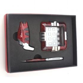 3 Pieces Smoking Set Of Steel Ashtray, Pen, And Lighter, Dark Red Business Gift Pack