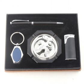 4 Pieces Smoking Set Of Steel Ashtray, Lighter, Keychain, Pen, Black Business Gift Pack