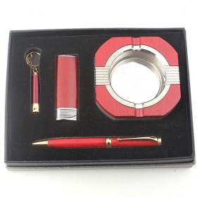 4 Pieces Smoking Set Of Steel Ashtray, Lighter, Laser Light, Pen, Red Business Gift Pack