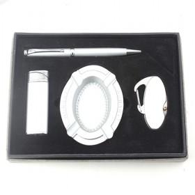 4 Pieces Smoking Set Of Steel Ashtray, Lighter, Pen And Clip, Silver Business Gift