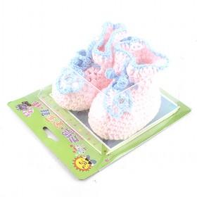 Sweet Light Blue And Pink Decorative Soft Handmade Woolen Crochet Footwear For Toddler Infant Babies