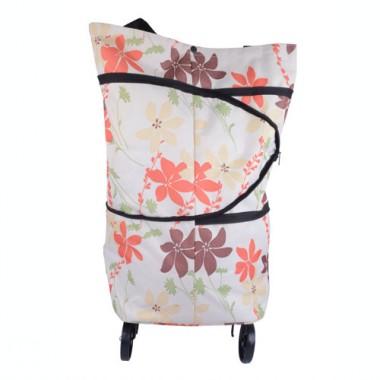 Foldable Pink And Brown Floral Prints Practical Renewable Shopping Cart