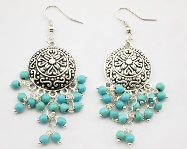 Whole Antique Silver Boho Turquoise Bead Chandelier Earrings E10065 Antique Silver Boho Turquoise Bead Chandelier Earrings