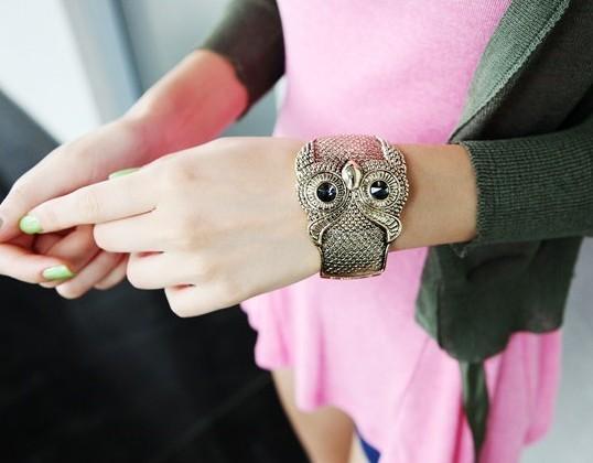 Vintage Antique Bronze Wide Owl Bangle Bracelet