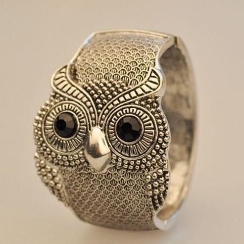 Vintage Antique Bronze Wide Owl Bangle Bracelet