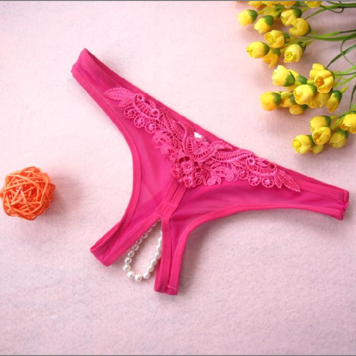 Charming Lace Pearl Embellishment Hollow Brief Rose