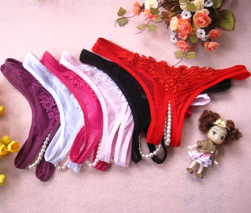 Charming Lace Pearl Embellishment Hollow Brief Rose